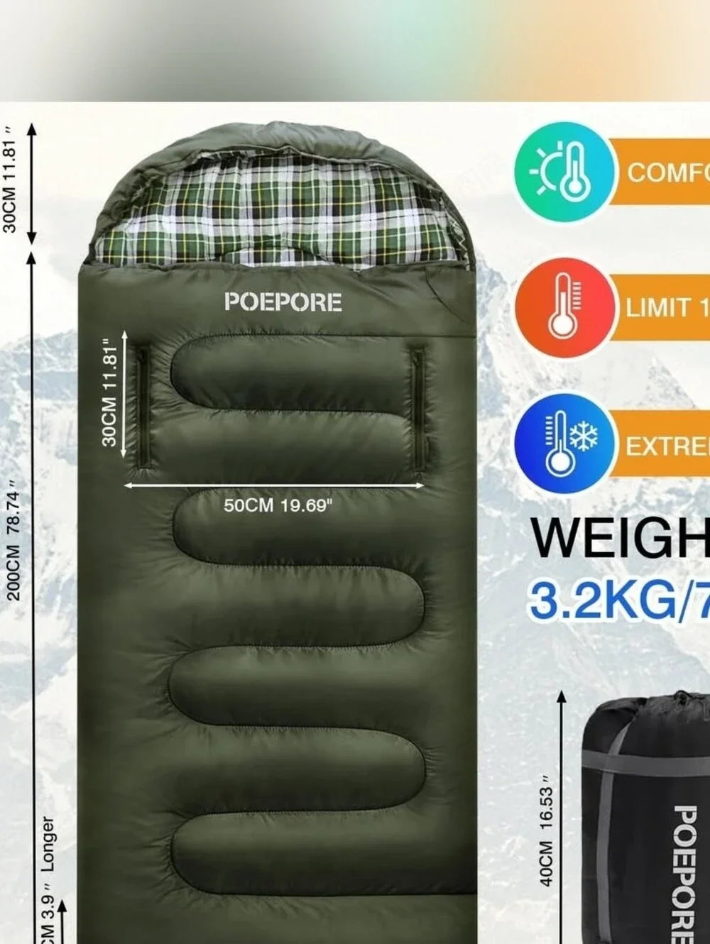Poedpore Olive Green Plaid Lined Sleeping Bag Blanket